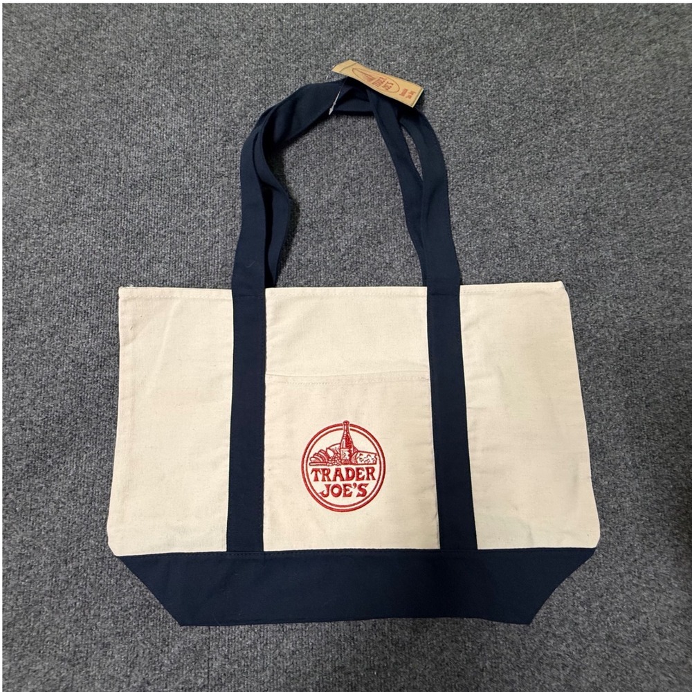 Trader Joe's Reusable Canvas Tote Bag Navy Blue Cream Embroidered Logo NEW